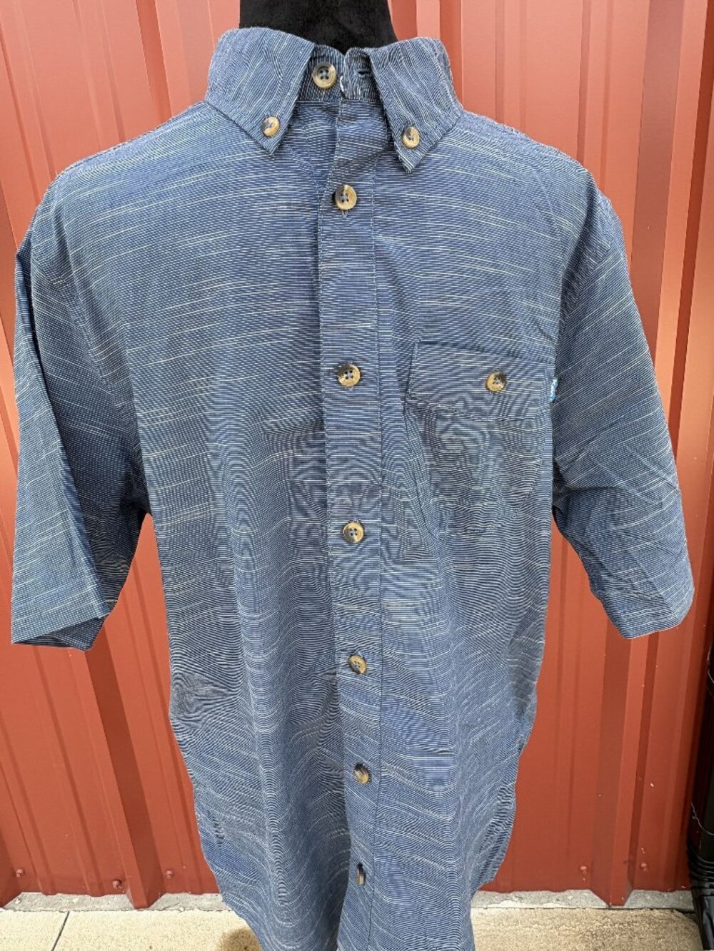 Kavu Mens Short Sleeve Striped Button-Up Shirt Blue Lightweight Cotton Size M
